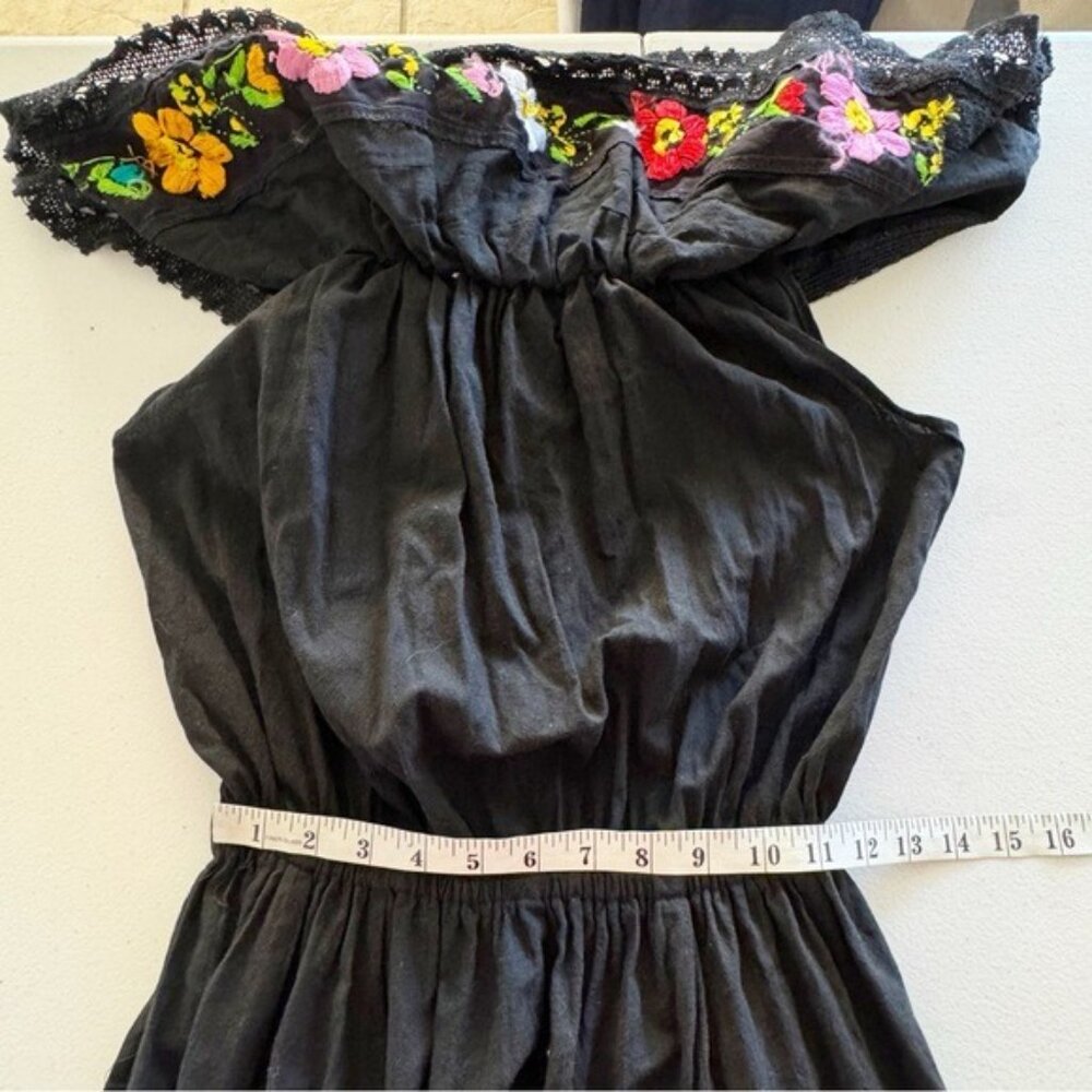 Mexican hand embroidered artesian black floral dress Off Shoulder Cotton Medium - Picture 9 of 12